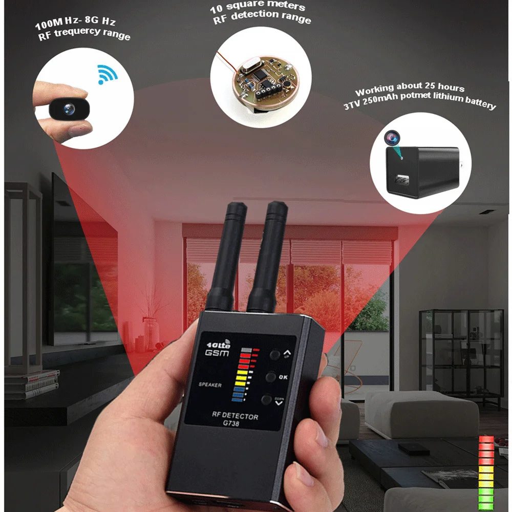 Anti-Spy Wireless RF Signal Automatic Detector Spy-Camera Detect GSM Audio Device Finder Bug Signal Car GPS Tracker Scanner G738