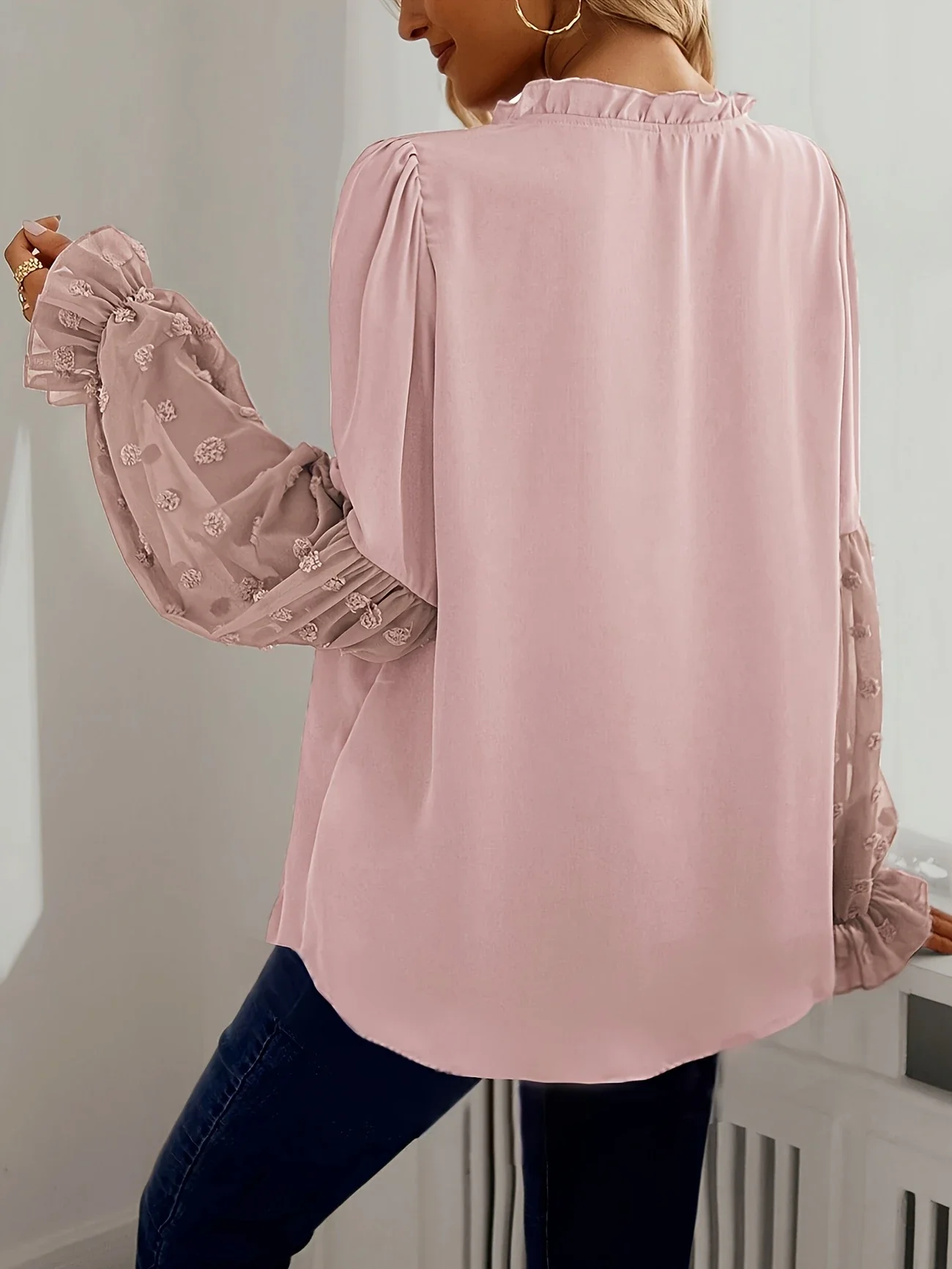 Plus Größe Neue Damenmode Langarm Elegante Schweizer Polka Dot V-ausschnitt Hemd Damen Casual Patchwork Laterne Hülse Hemd