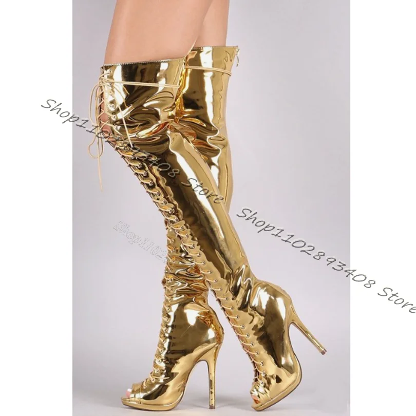 Gold Lace up Stiletto Knee Boots Peep Toe High Heels Back Zipper Knee High Women's Boots Sexy Catwalk Boots Zapatos Para Mujere