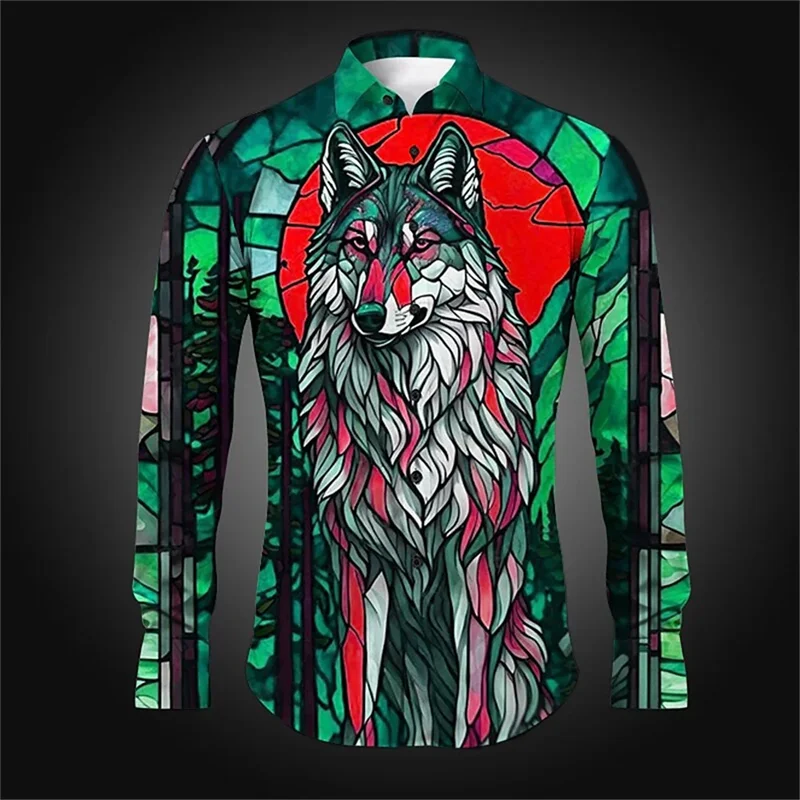 

2024 Colorful Window Wolf Men's Casual Comfortable Shirt Party Street Vacation Spring/Summer Collar Long Sleeve Shirt