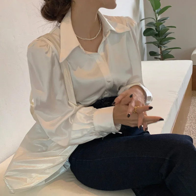 Korean Puff Sleeve Loose Satin Button Lapel Shirt  Elegant Women Shirt Tops White New Chic Women Blouse Blusas Mujer 12635