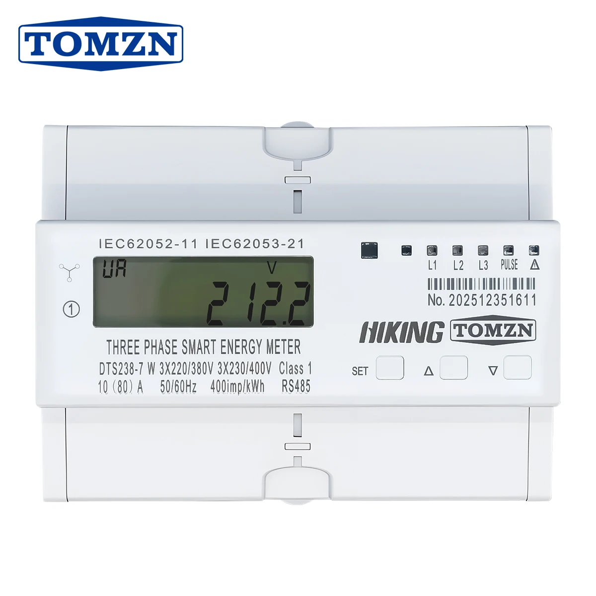 TOMZN DTS238-7 W 10(80)A 3*230V/400V 50/60Hz Three phase Din rail kWh Watt hour energy meter LCD RS485 control Modbus-RTU Class1