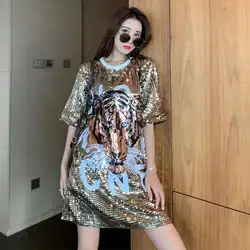 #0205 Black Gold Silver Sequin T Shirt Women Tiger Streetwear Hip Hop T Shirt Short Sleeve Loose O-neck Harajuku O-neck Summer