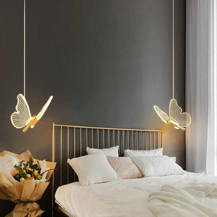 Butterfly LED Bedside Chandelier with Adjustable Length Modern and Minimalist Style Bedroom Lighting Restaurant Lighting 3000K