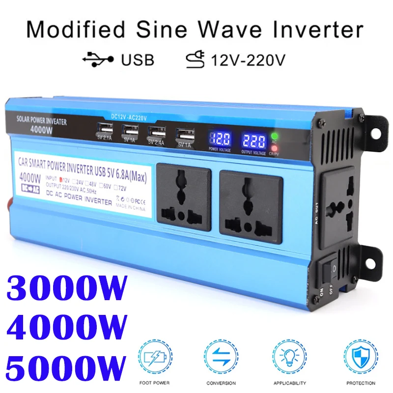 Picos de potência 3000w/4000w/5000w portátil inversor de potência do carro dc 12v/24v para ac 220v modificado onda senoidal inversor