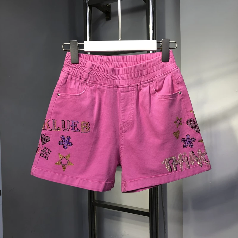 Candy Color Summer Women Shorts 2023 New Summer Hot Drilling Short A-line Wide Leg Pants All-match Elastic Waist Denim Shorts