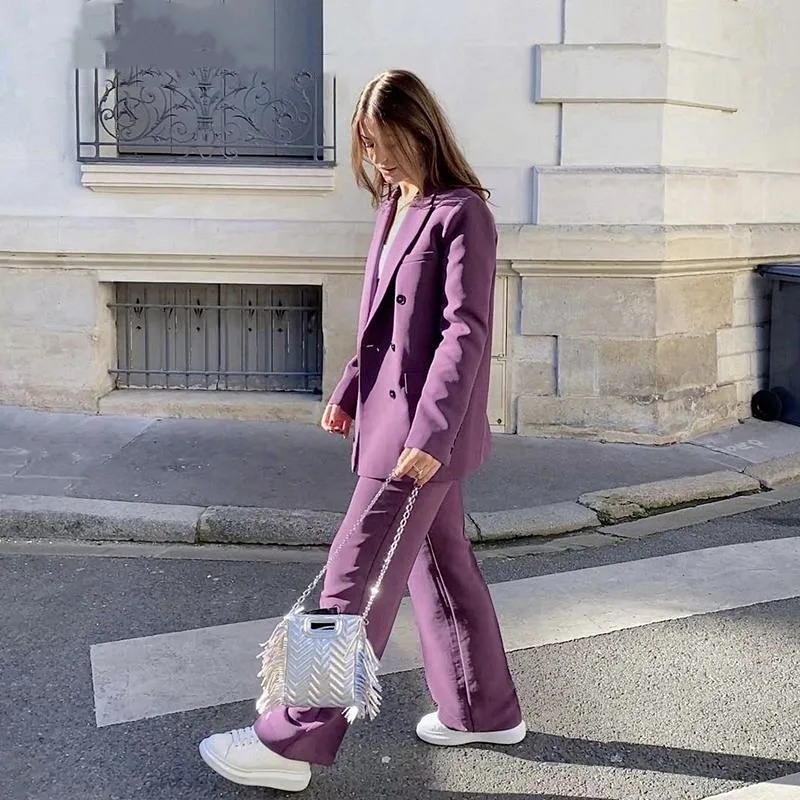 Loose Vintage Purple Women Blazer Suits Peaked Lapel Wide Legs Pants 2 Pieces Custom Made Double Breasted Casual Young Jacket