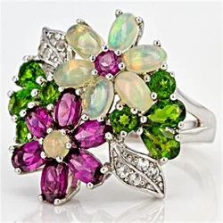 Delicate Luxury Silver Colors Flower Rings for Women Trendy Metal Inlaid White Green Stone Wedding Ring Engagement Jewelry