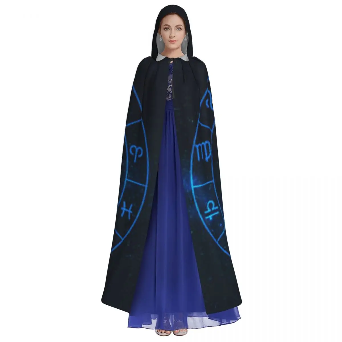 Gemini Horoscope Zodiac Galaxy Stars Hooded Cloak Coat Halloween Cosplay Costume Vampire Devil Wizard Cape Gown Party