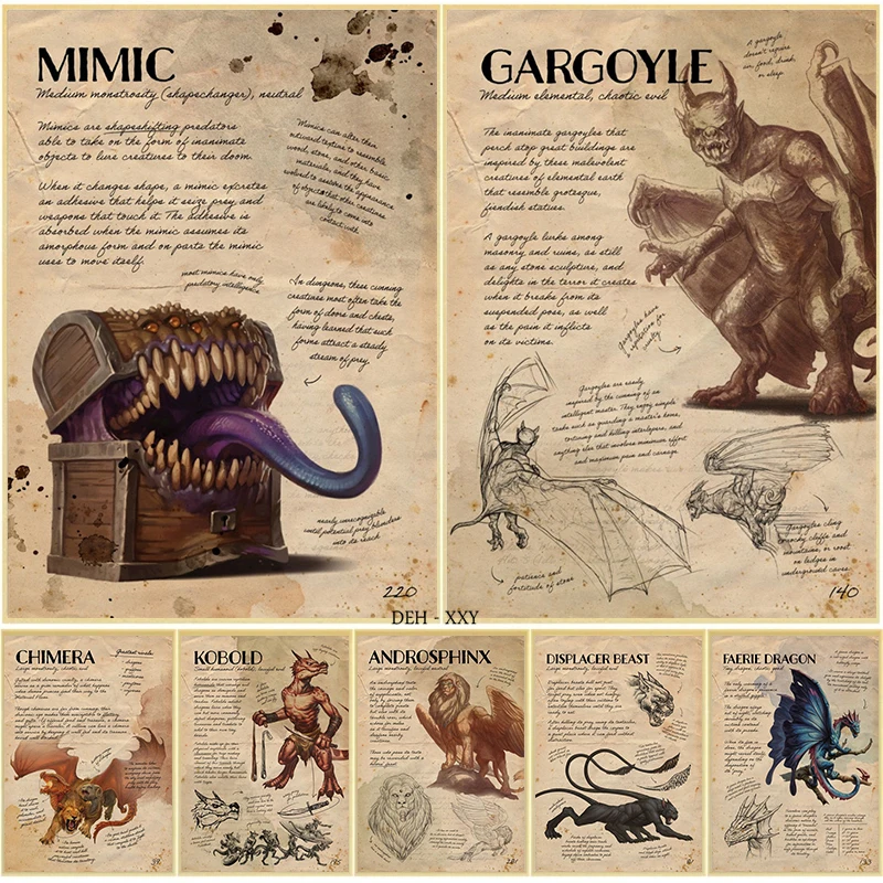 Vintage D&D Monster Manual Posters Canvas Prints Art Monsters Dragon Note Retro Posters Wall Art Paintings for Home Wall Decor