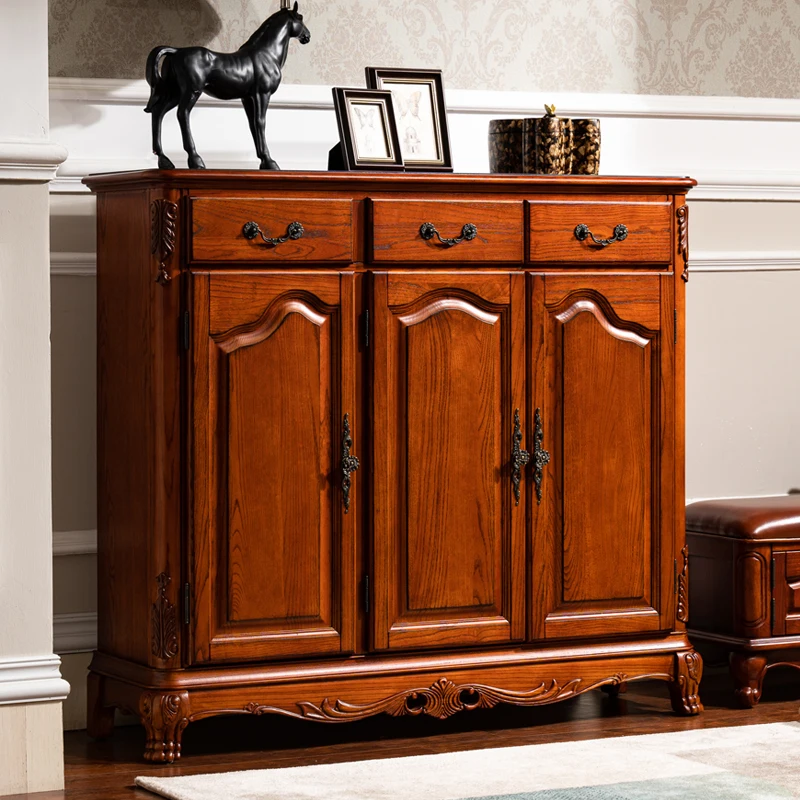 Traditional solid oak adjustable shoe cabinet with three doors for living room storage antiques