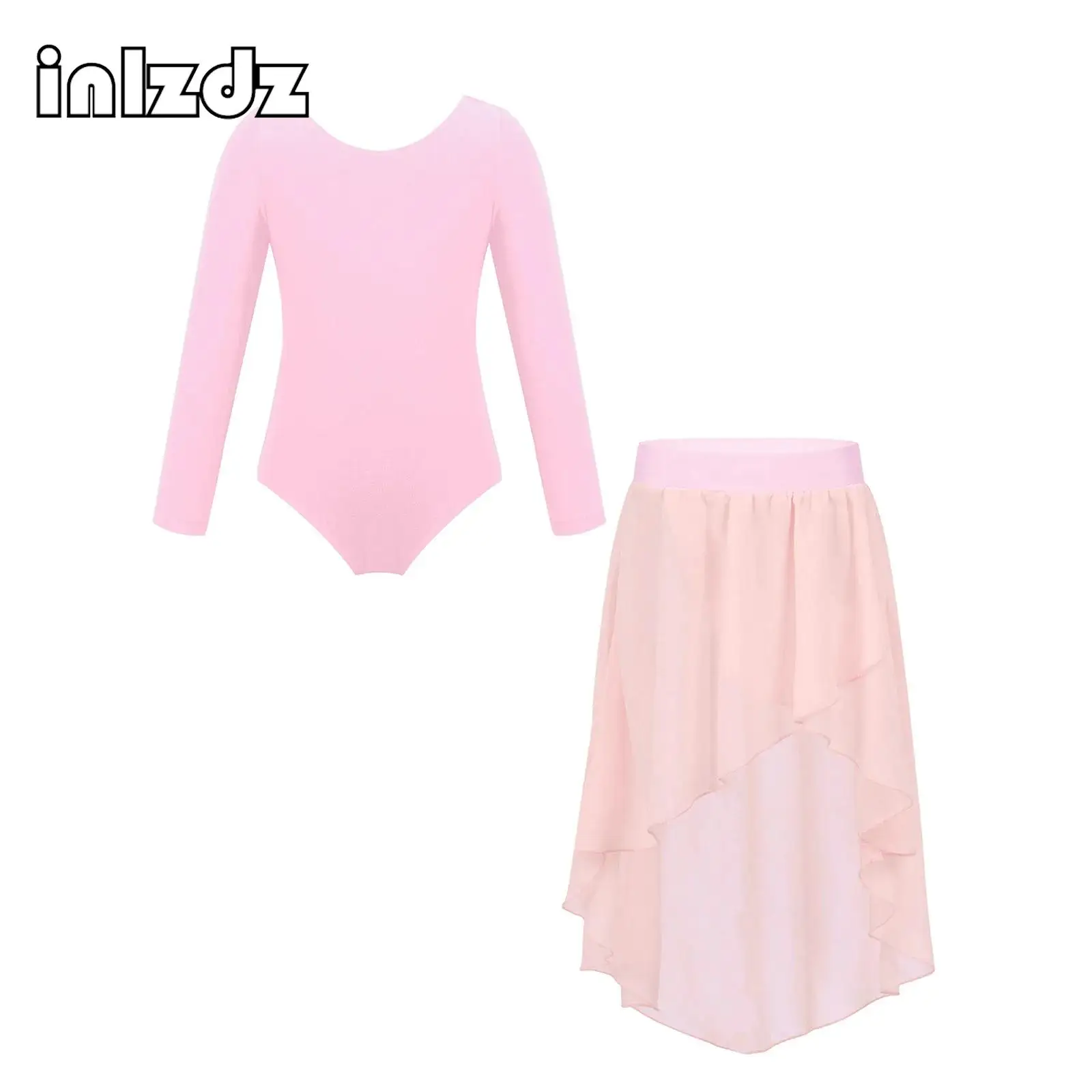 Girls Lyrical Contemporary Dance Set Long Sleeve Leotard Mesh Chiffon Hi-lo Leotard Skirt Gymnastics Ice Skating Ballet Outfit