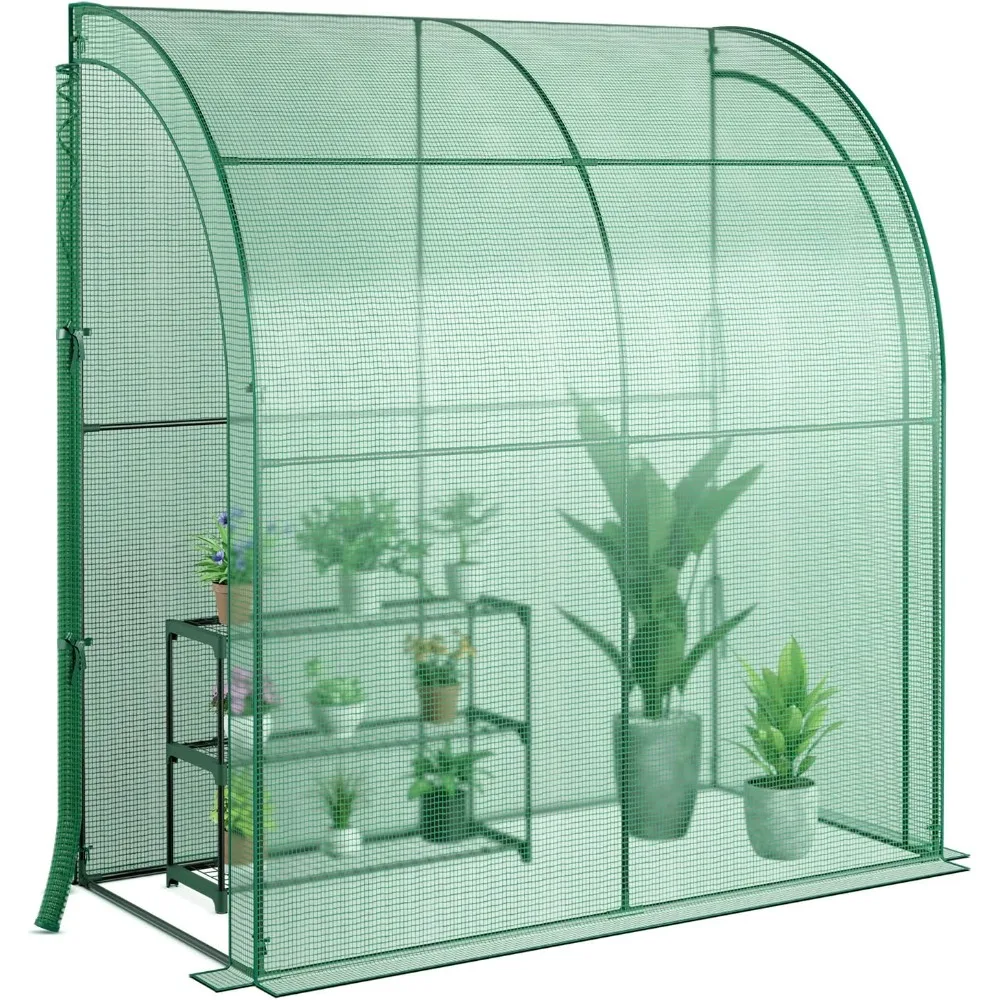 7' x 3.5' x 7' Greenhouse, Mini Lean-to Walk-in Greenhouse with 3 Tiers Flower Rack & Weatherproof PE Cover, Roll-up Zipper