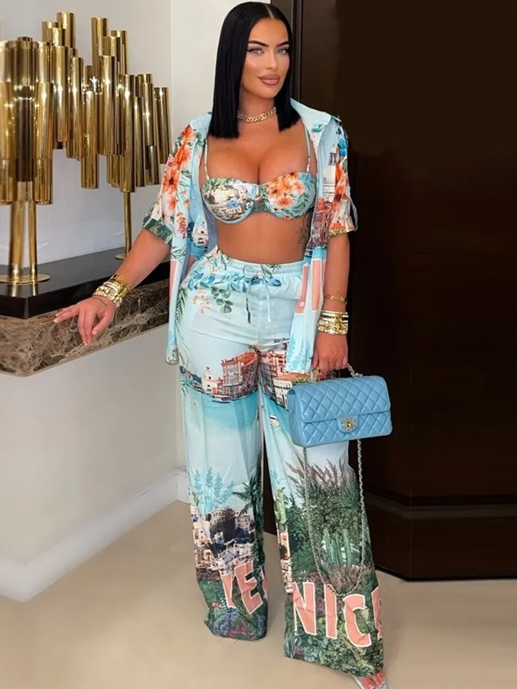 

4 Pieces Set Sexy 2025 Summer Autumn Fashion Women Set Female Stripe Half Sleeve Shirt Tops And Pants Suit Matching Outfit