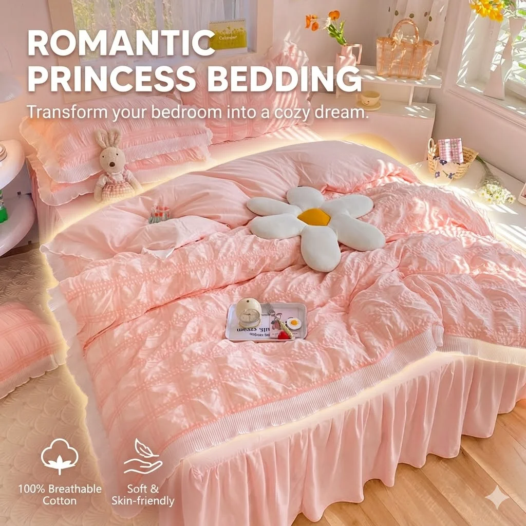 

Seersucker Bedding Set Soft Ruffle Duvet Cover Romantic Chiffon Lace Bed Sheet Princess Girl Bedroom Quilt Cover King