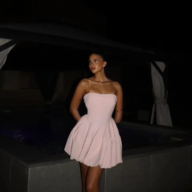 

2026 Pink Satin Prom Dress Strapless Mini A Line Homecoming Dresses Sexy Backless Short Pleat Robes De Cocktail Customized
