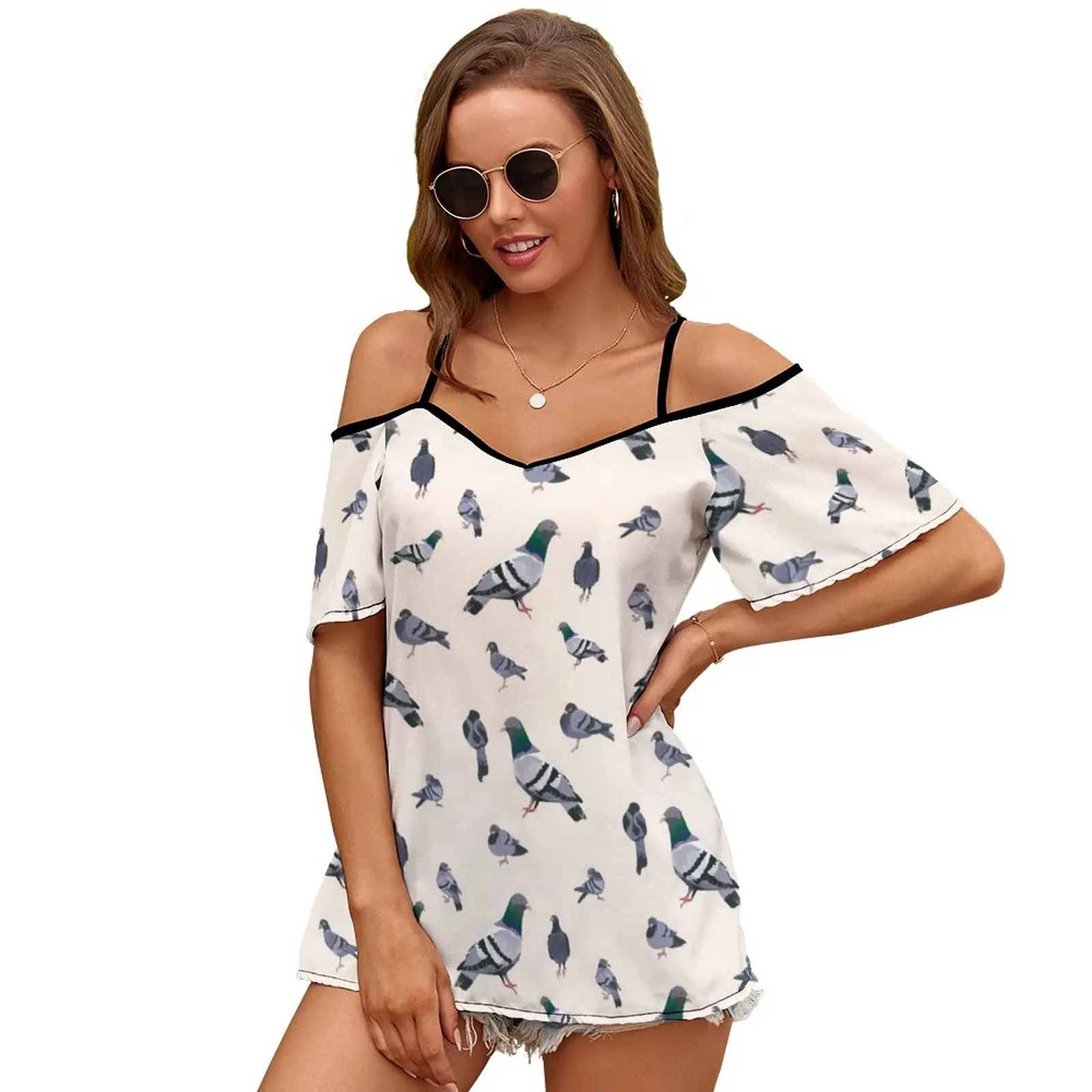 Bird Poo Slit Sleeve Cold Shoulder Print Women T Shirt Casual Summer Tee Tshirt Loose Top Bird Pigeon Animal City Rodent Color