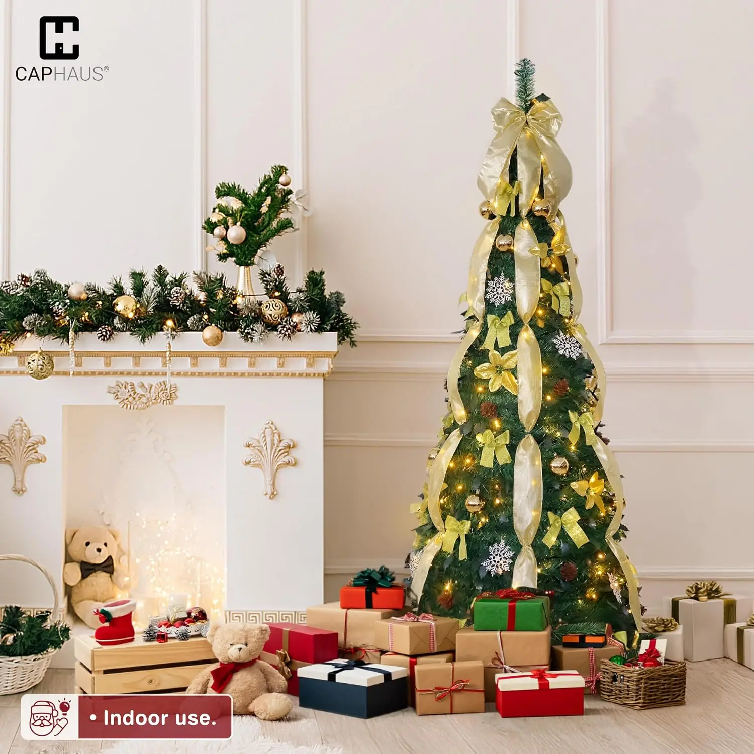 6ft Pop Up Christmas Tree, Pre-Lit with 300 LED Lights, Foldable & Collapsible Artificial Tree Pre-Decorated with Golden Ribbons
