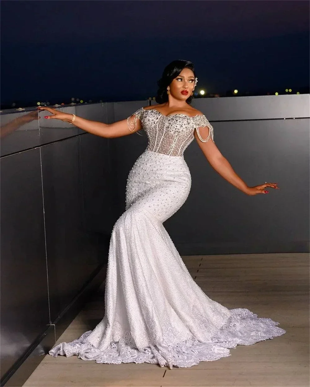 Robe De mariée sirène personnalisée, transparente, avec perles, avec traîne De balayage, épaules dénudées