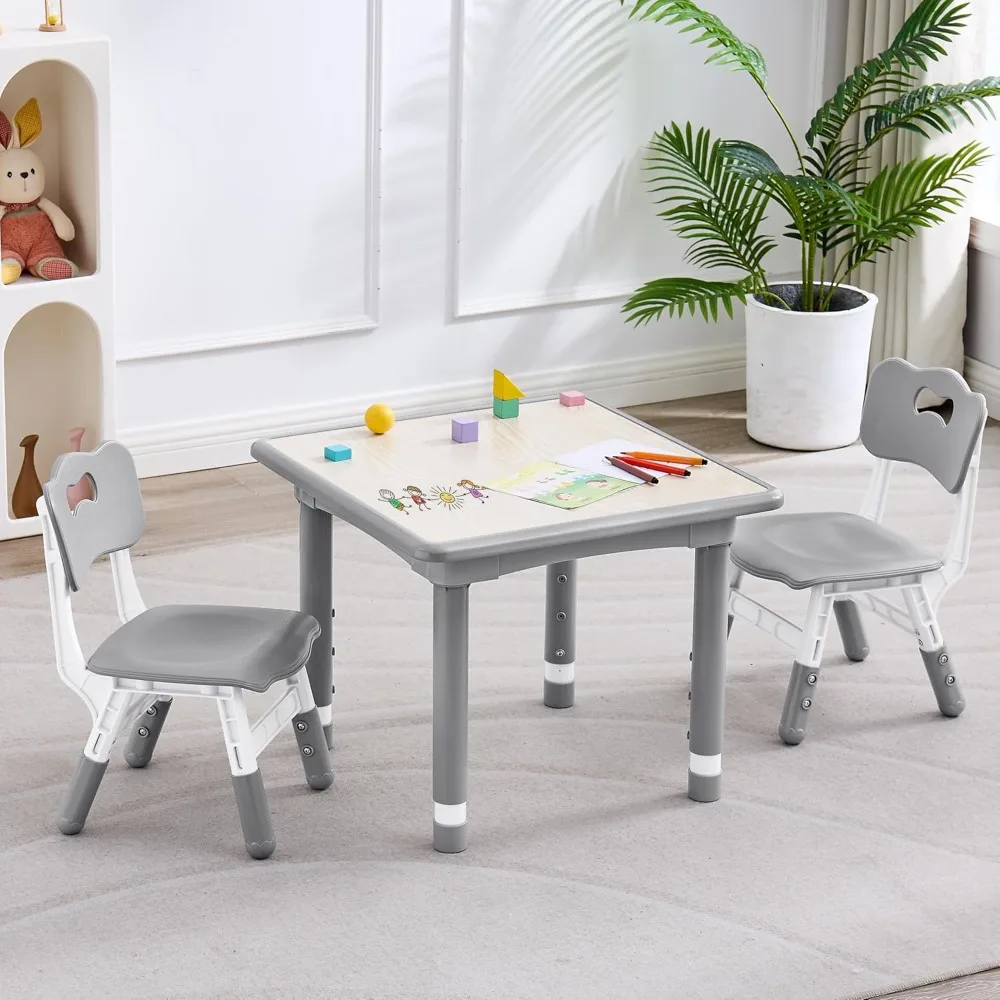 

Kids Table and 2 Chairs Set, Height Adjustable (17.7"-26.1") Toddler Table and Chair Set, Multi-Activity Table with Graffiti Des
