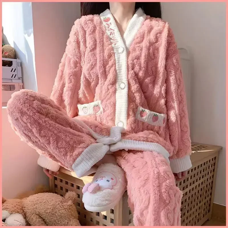 Women Winter Fleece Pajama Set V-neck Long Sleeve Fashion Warm Casual Cardigan Coral Fleece Strawberry Soft Home Wear Clothes