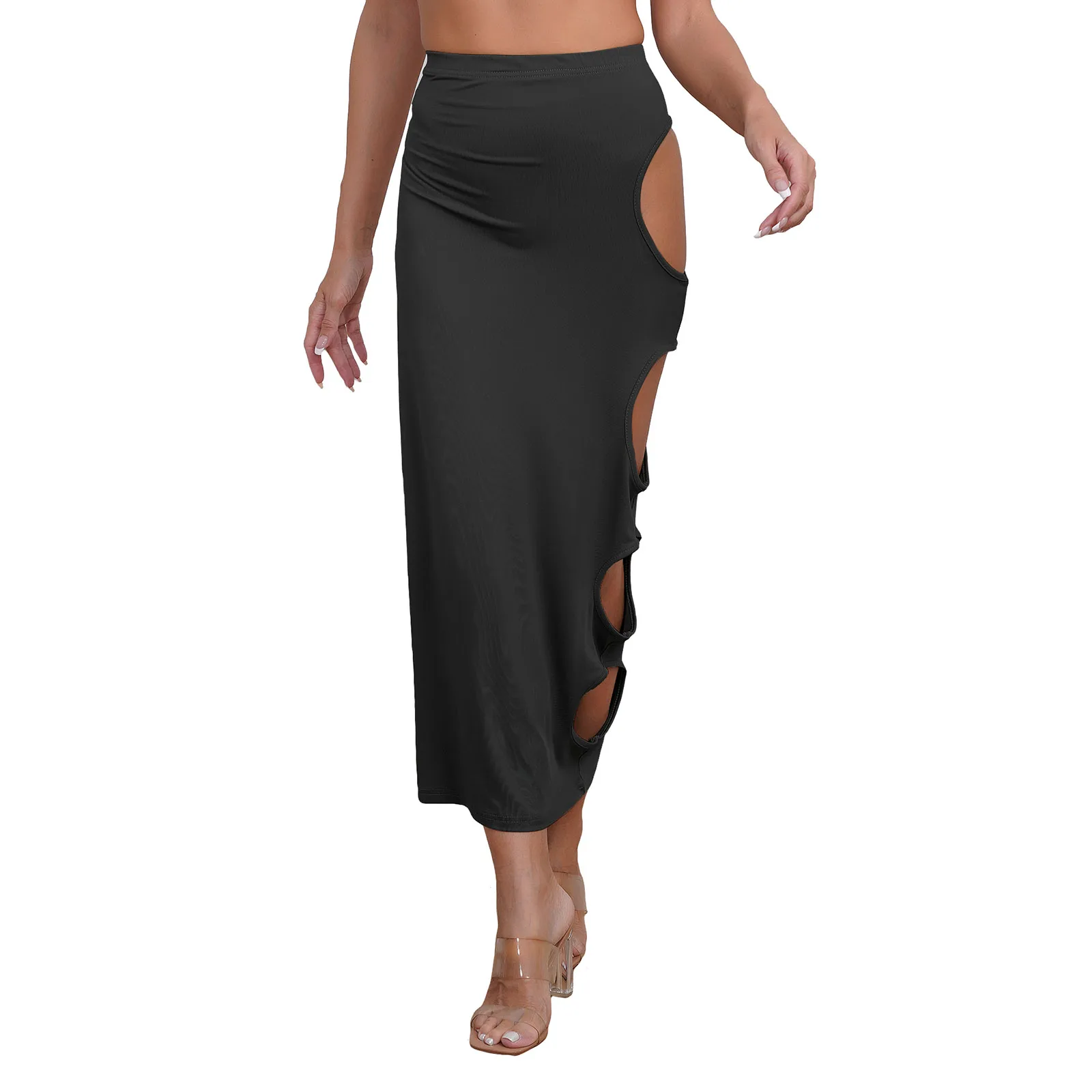 Womens Casual Cutout Bodycon Skirt Elastic Waist Side Hollow Out Solid Color Maxi Skirts Hip Wrap Skirt Raves Party Clubwear