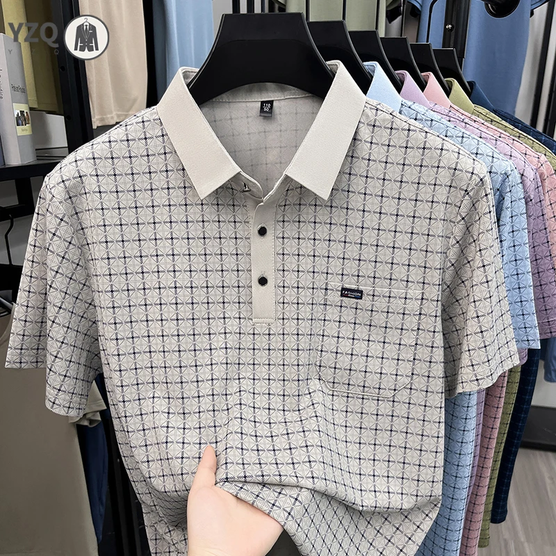 Business Casual Mens Small Check Pattern Polo Short Sleeve Breath Cloth Short Vacation Weekend Party Apparel