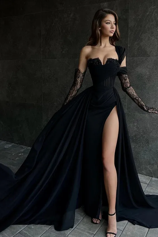 Elegant V-neck Lace Applique satin Evening Dresses Side Slit Custom Made Rode De Morrie 2024