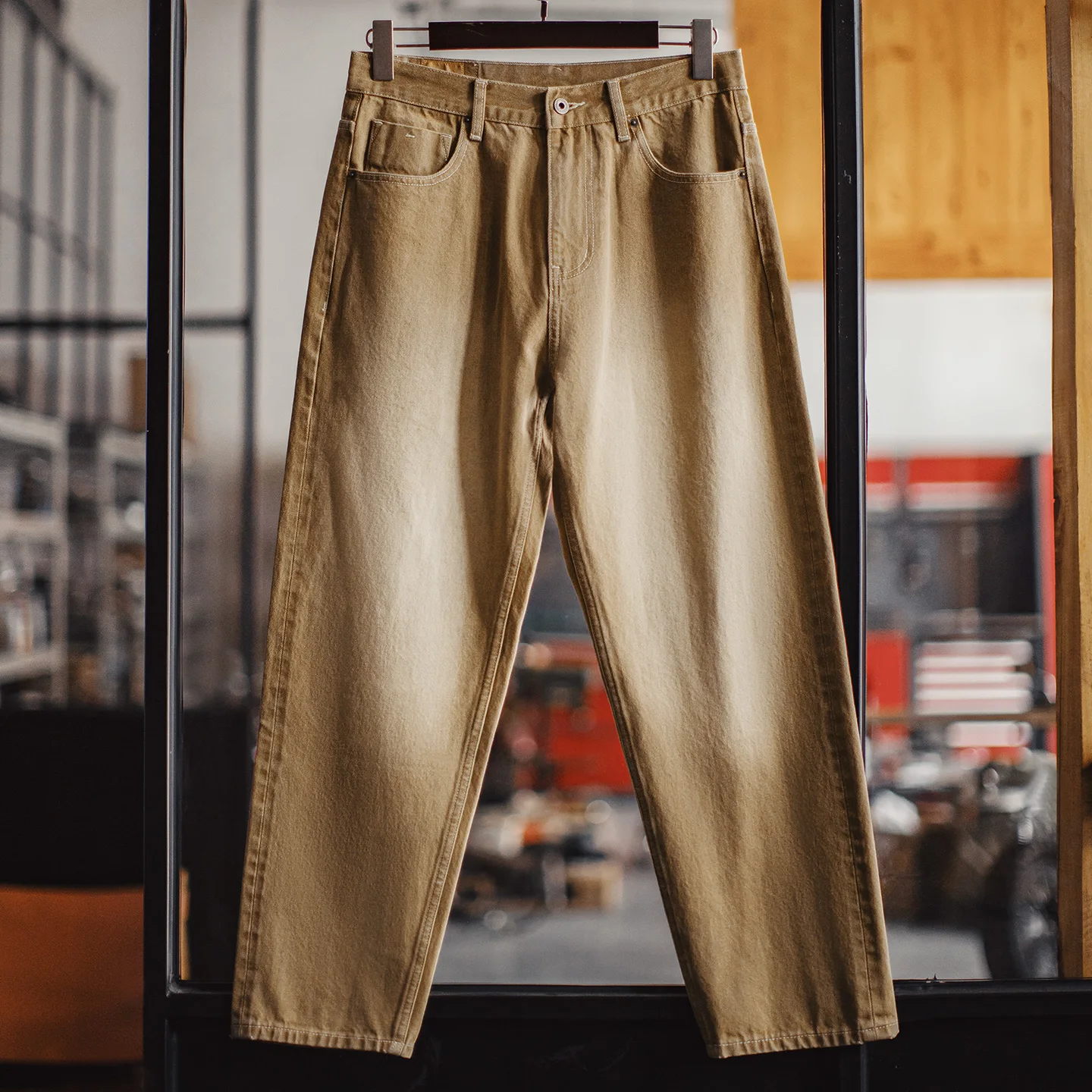 Maden 13.8oz Washed Selvedge Denim Jeans Men‘s Vintage Khaki Chino Tapered Loose Fit Pants Casual Trousers for Spring Autumn