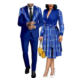 African Couples Women Print Wax Cotton Fashion Patchwork Hot Dress & Men 2 Pieces Shirt and Pants Sets