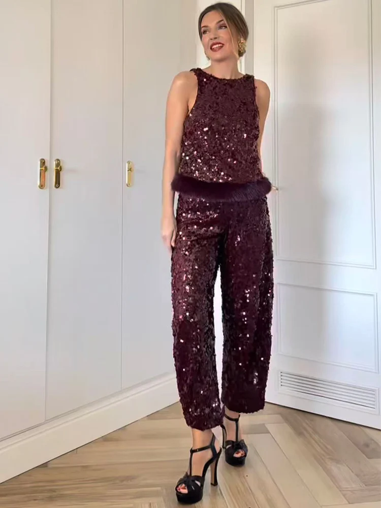 TFMLN Winter New Women Sequined Pants Set Elegant Sleeveless Backless Faux Fur Hem Top Wide Leg Pants Fashion Party Suits