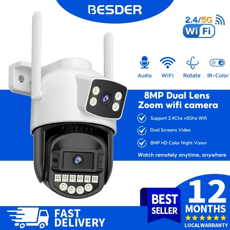 

BESDER 8MP PTZ 5G HZ Wifi Камера Открытый Автослежение Двойной Экран 5K 10MP CCTV Безопасности IP Камера 5X Цифровой Зум Email Сигнализация