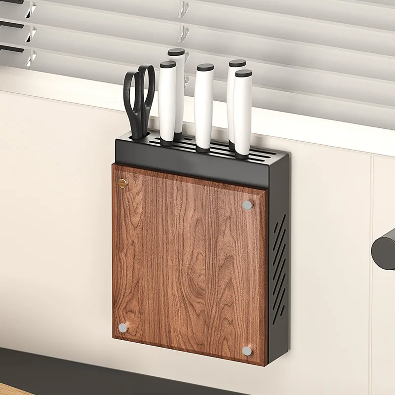 

intage Style Wall-Mounted Kitchen Organizer Rack - No-Drill Aluminum & Walnut Wood Holder for Knives, Scissors, and Drying Drain