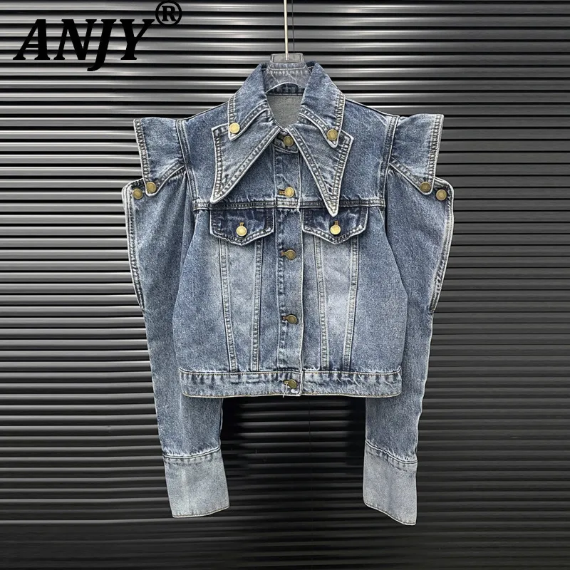 

ANJY Autumn New Women Short Denim Jacket Hollow Out Long Sleeve Turn-down Collar Single Breasted High Street Stylish Coat A10362