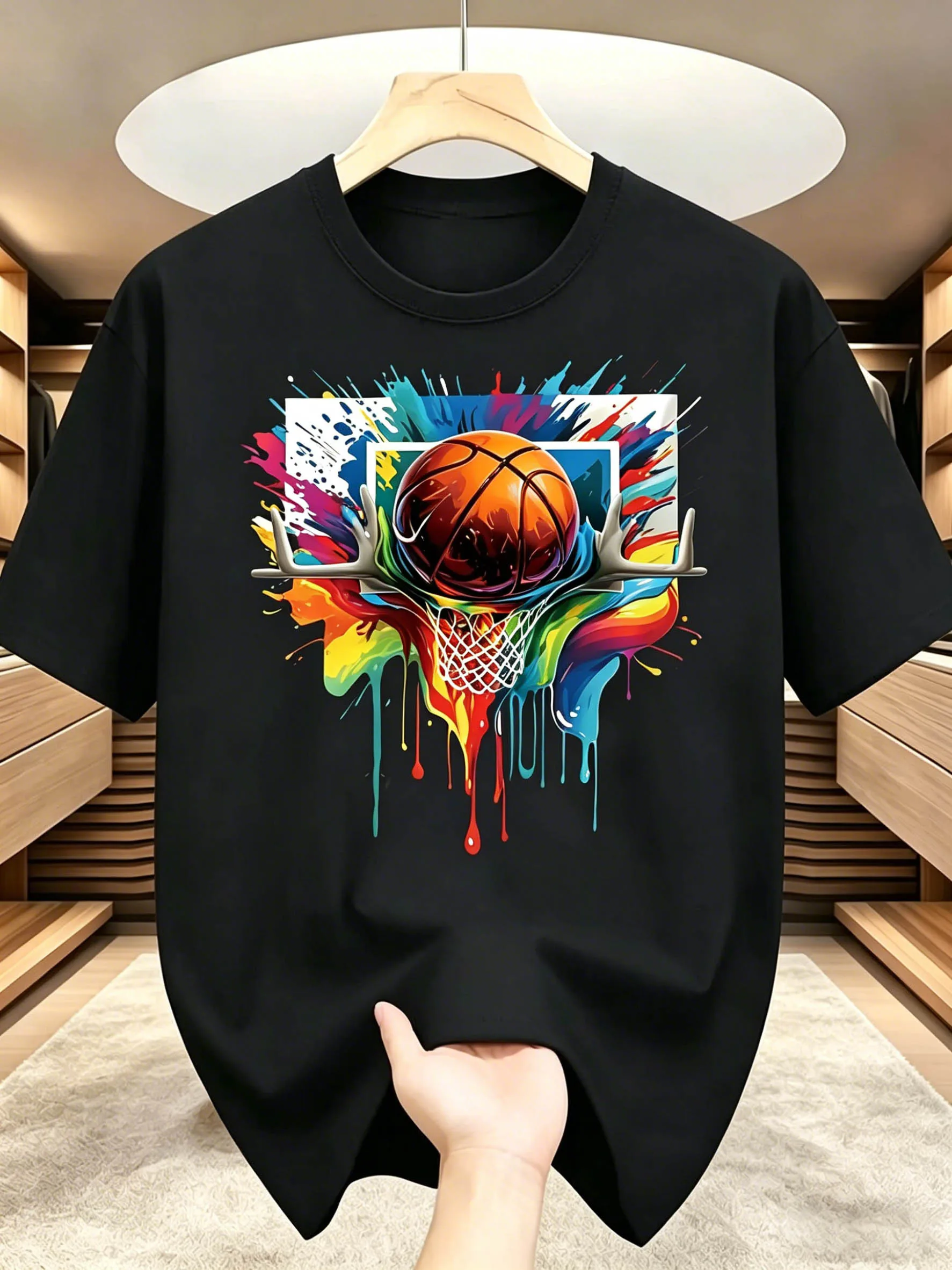 This Year's Latest Men's Fashion Printed T-shirt Featuring a Graffiti and Basketball Combination Pattern, an Excellent Gift for Others