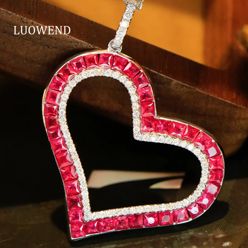 

LUOWEND 100% 18K White Gold Necklace Romantic Heart Shape Shiny Diamond Natural Ruby Pendant Necklace for Women Fine Jewelry