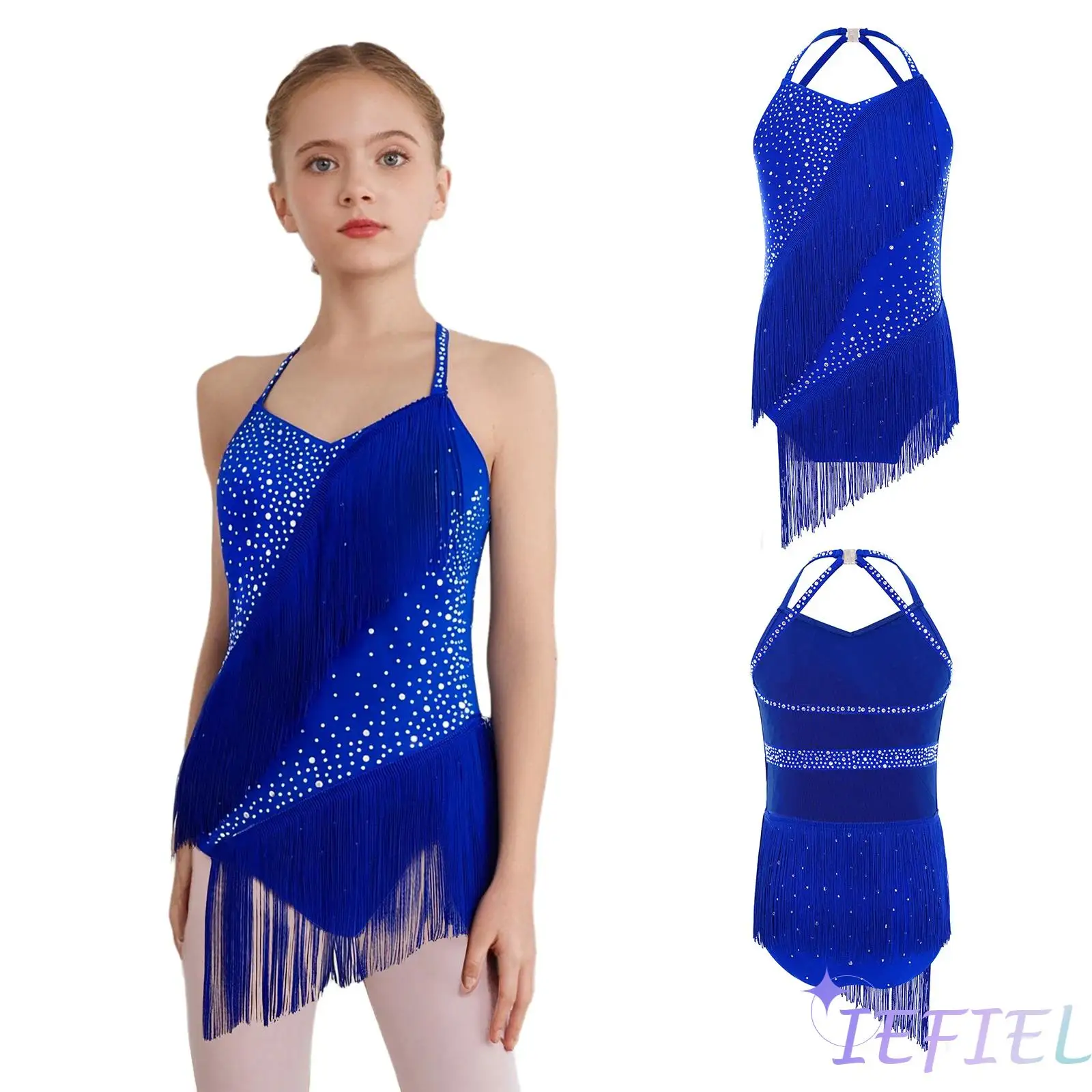 Dynamischer lateinamerikanischer Tanz-Trikot für Kinder und Mädchen mit fließenden Quasten, Body mit Kristall-Strasssteinen für Eiskunstlauf-Auftritte