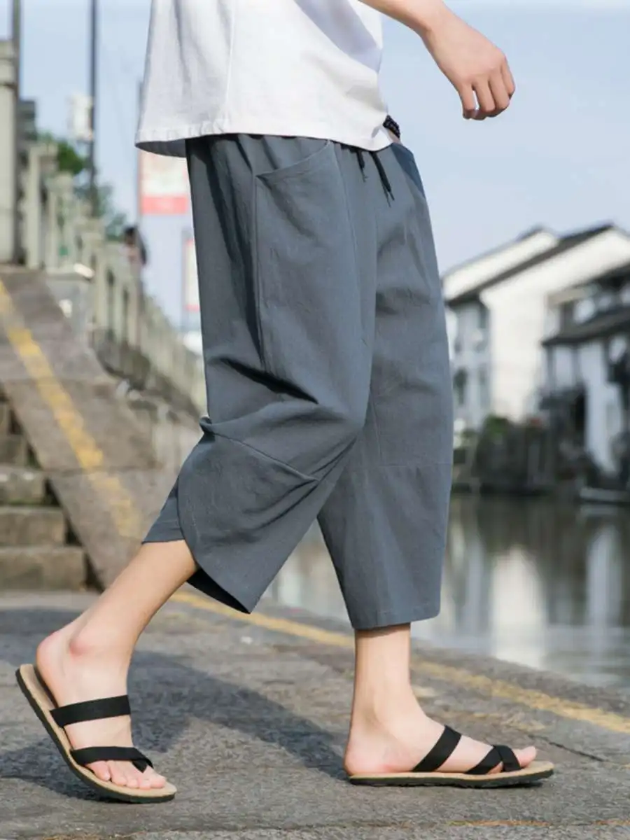 

Retro Sle Linen Men's Summer Thin Cotton Linen Beach Casual Pants mid Waist Seven-Foot Length Breathable Comfortable orts