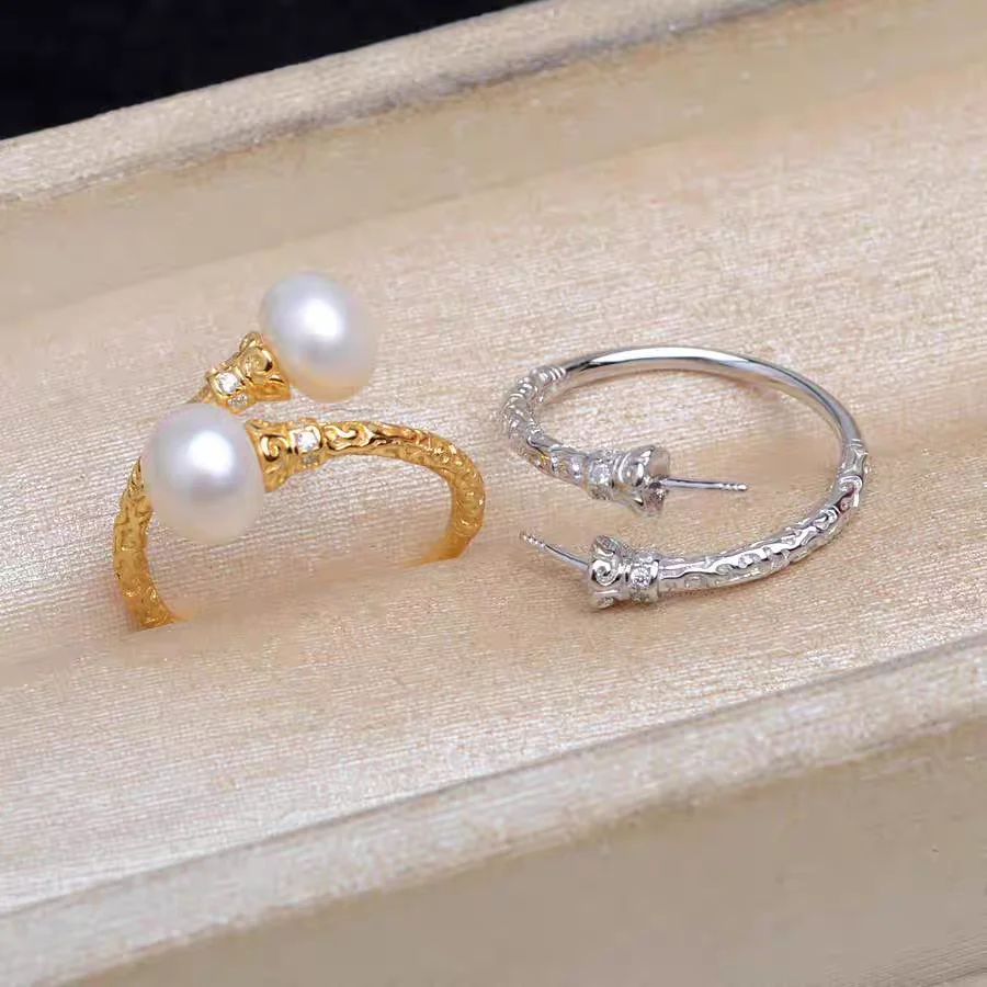 

S925 Sterling Silver Adjustable Finger Ring Mountings Base Setting Findings Jewelry Components for 7-8mm Pearls 3pcs/lot