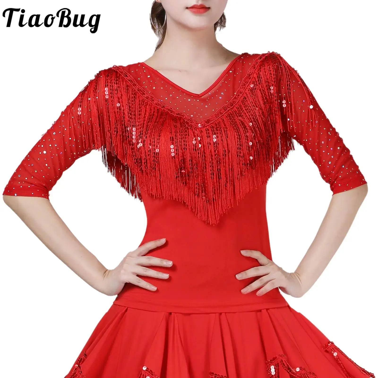 

Women Latin Dance Top Shirt Half Sleeve Dual Layer Tassel Shiny Sequin Blouses Pullover Tops Chacha Tango Modern Dance Costume