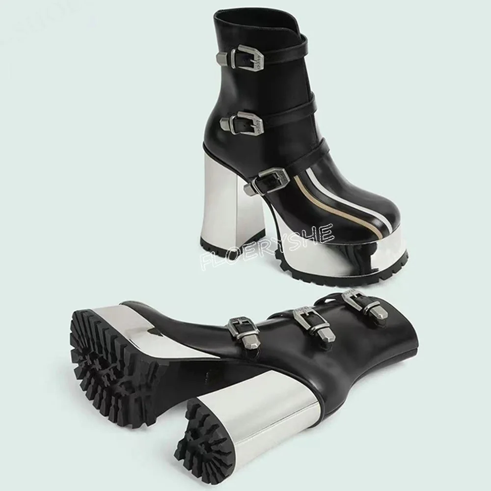 Black Leather Platform Ankle Boots New Arrival Mixed Colors Women Round Toe Buckle Chunky High Heel Party Autumn Winter Shoes