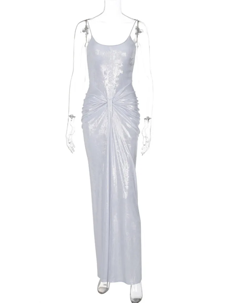 Mozision Sliver Spaghetti Strap Maxi abito sexy per le donne Moda Sparkle senza maniche Backless increspato Beach Club Abito lungo sexy