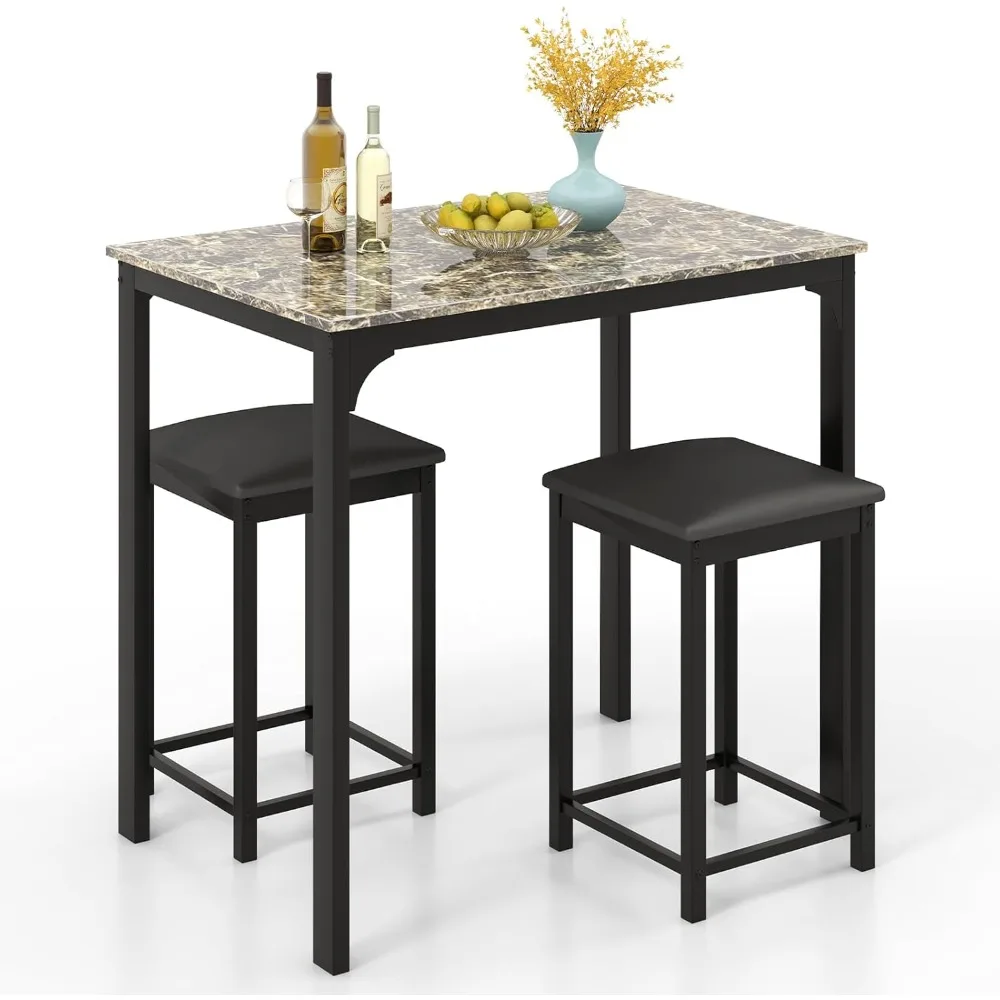 

GOFLAME 3-Piece Dining Table Set for 2, Kitchen Counter Height Table and Chairs Set with Faux Marble Tabletop, Padded Stools, Mo