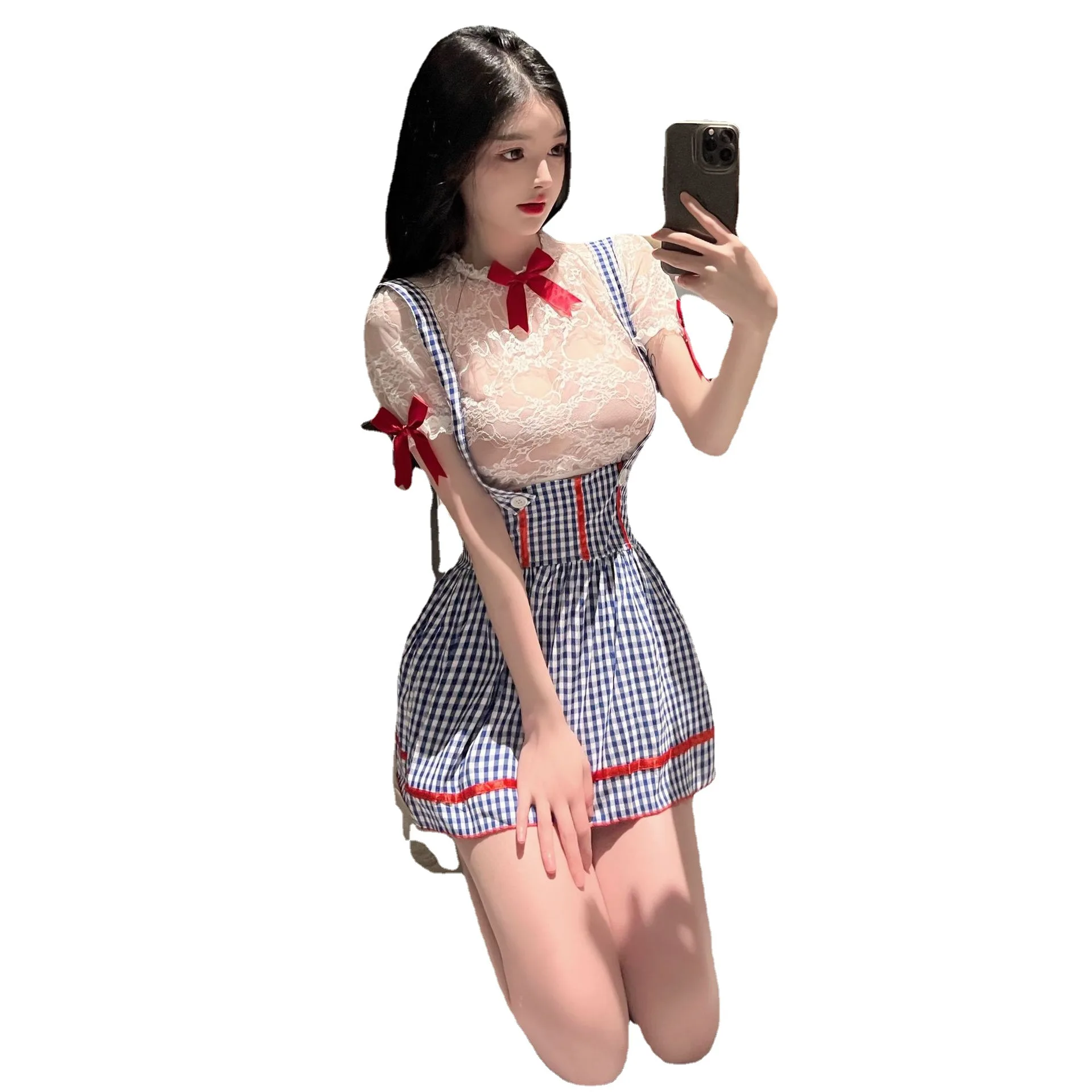

Summer New Women's Maidservant Dress Blue Plaid Sexy Cute Sweet Lolita Temptation Bowtie Decoration Lace Perspective Dress