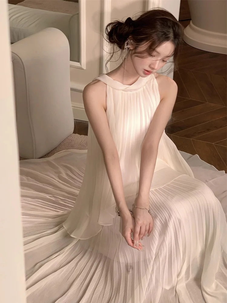Blanc décontracté deux pièces ensemble femmes Svel haut jupe plissée Vaion longue Dr Ele haut de gamme sentiment été Faion