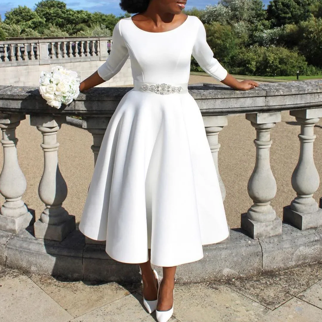 Luxury Crystal Women White Dress Oversized Party Dresses Birthday Weddings Designer Festivals Evening Three Quarter Sleeves