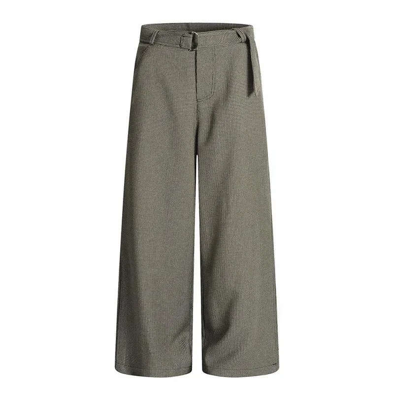 New Autumn Men's Suit Trousers Plaid Belt Decoration Solid Color Straight Pants Wide Leg All-match Male Bottom CMK87