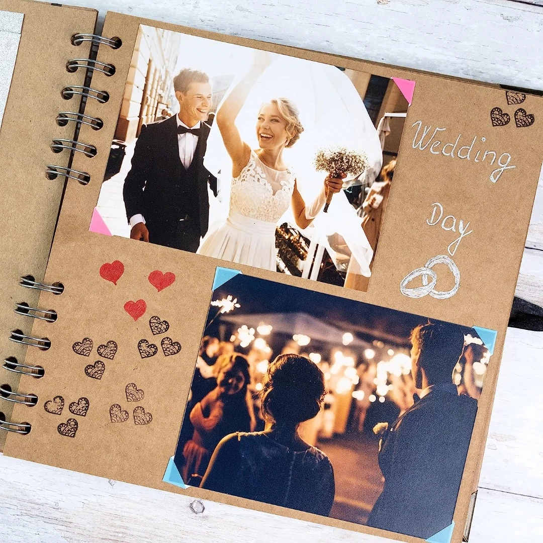 Scrapbook Album 60 Pages (8 x 8 inch) Black Thick 180gsm Kraft Paper, Corner Protectors - Scrap Book, Ribbon Closure