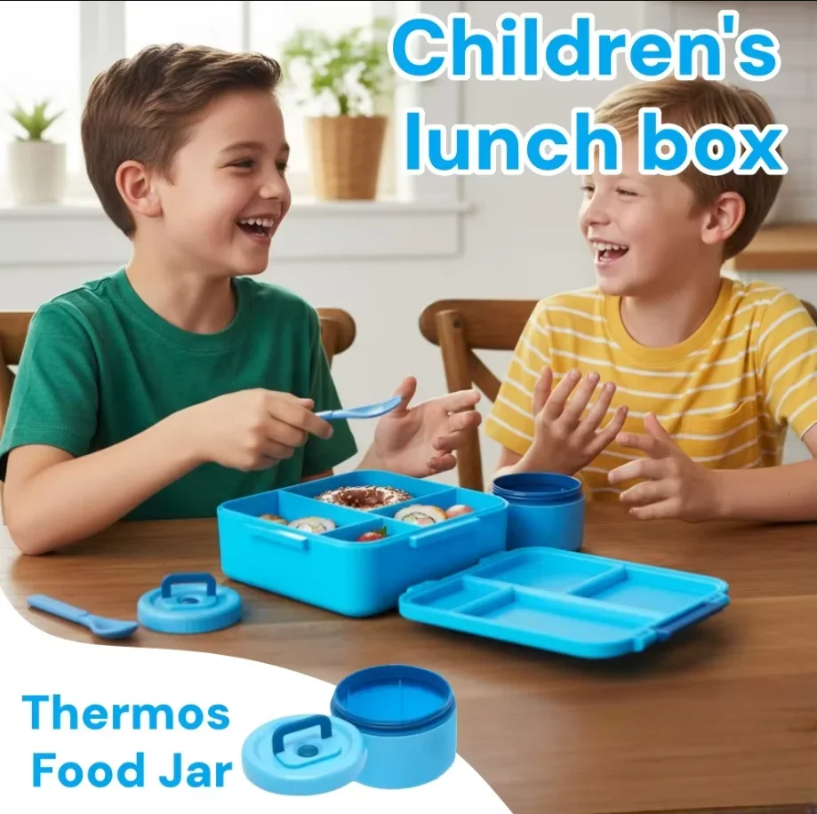 Bento Lunch Box with Soup Thermo Jar, Leakproof 4 Compartment Lunch Food Containers, Thermo Insulated Hot Food Jar for School