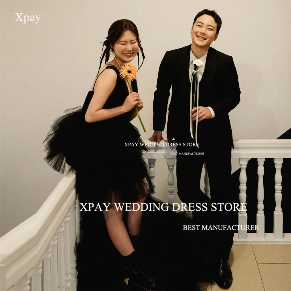 

XPAY Sexy Deep V Neck Korea Evening Dresses Black High Low Wedding Photos shoot Prom Gowns Customized Tiered Formal Party Dress
